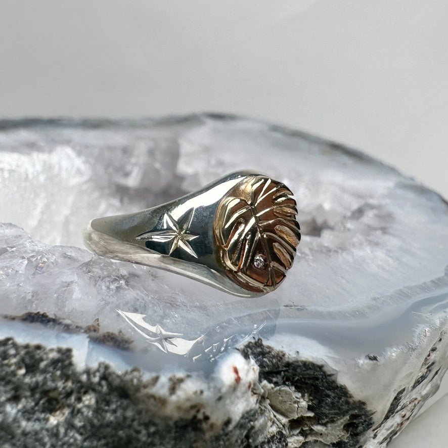 Monstera Leaf Signet Ring | 14k Yellow Gold & Sterling Silver