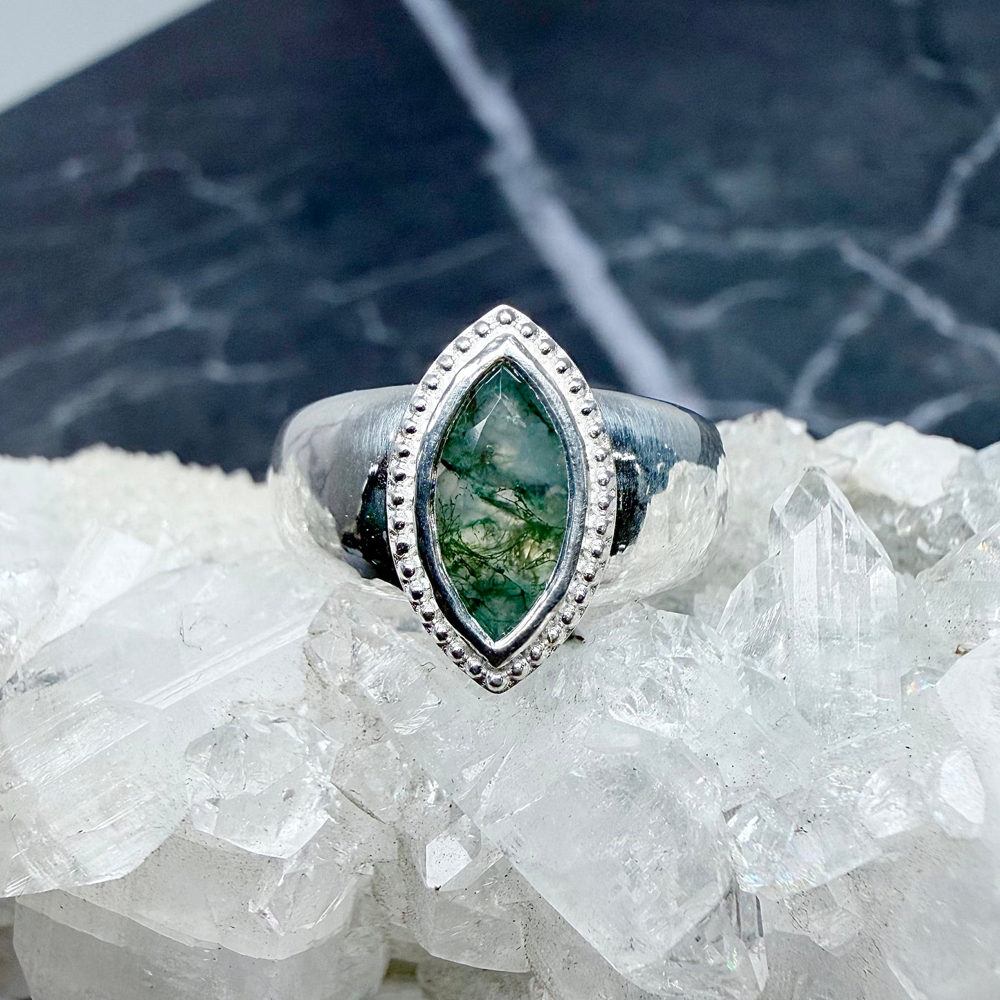 Marquise Moss Agate Bombe Ring | Sterling Silver