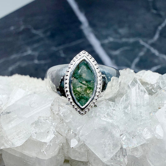 Marquise Moss Agate Bombe Ring | Sterling Silver