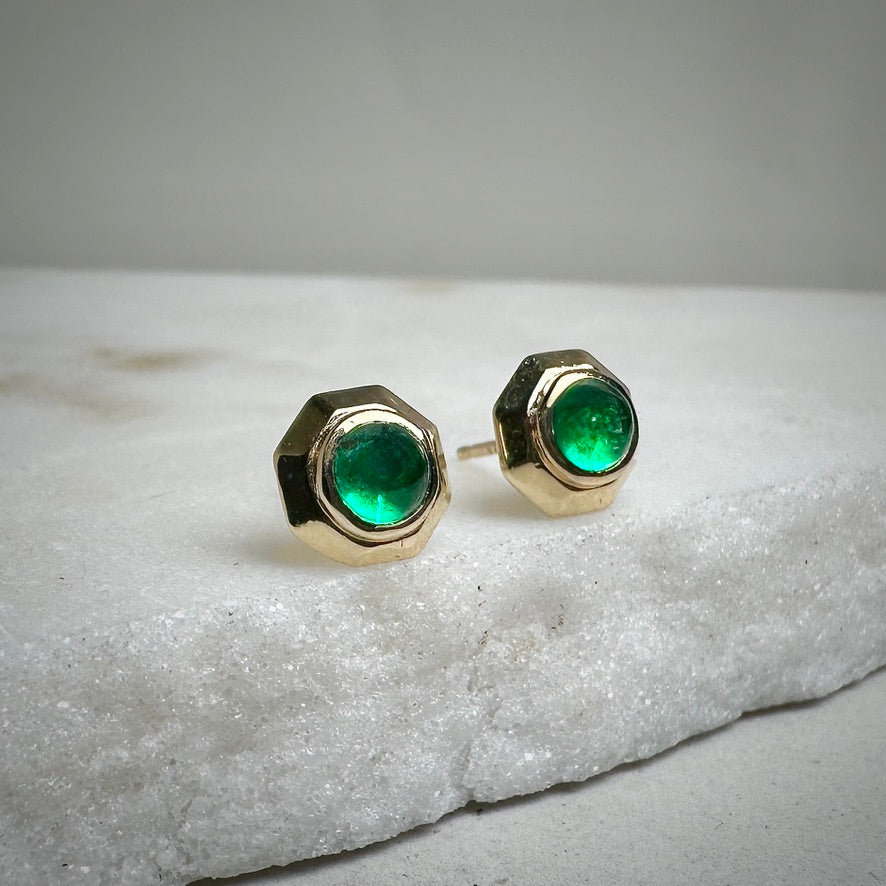 Emerald Octagon Studs | 14k Yellow Gold