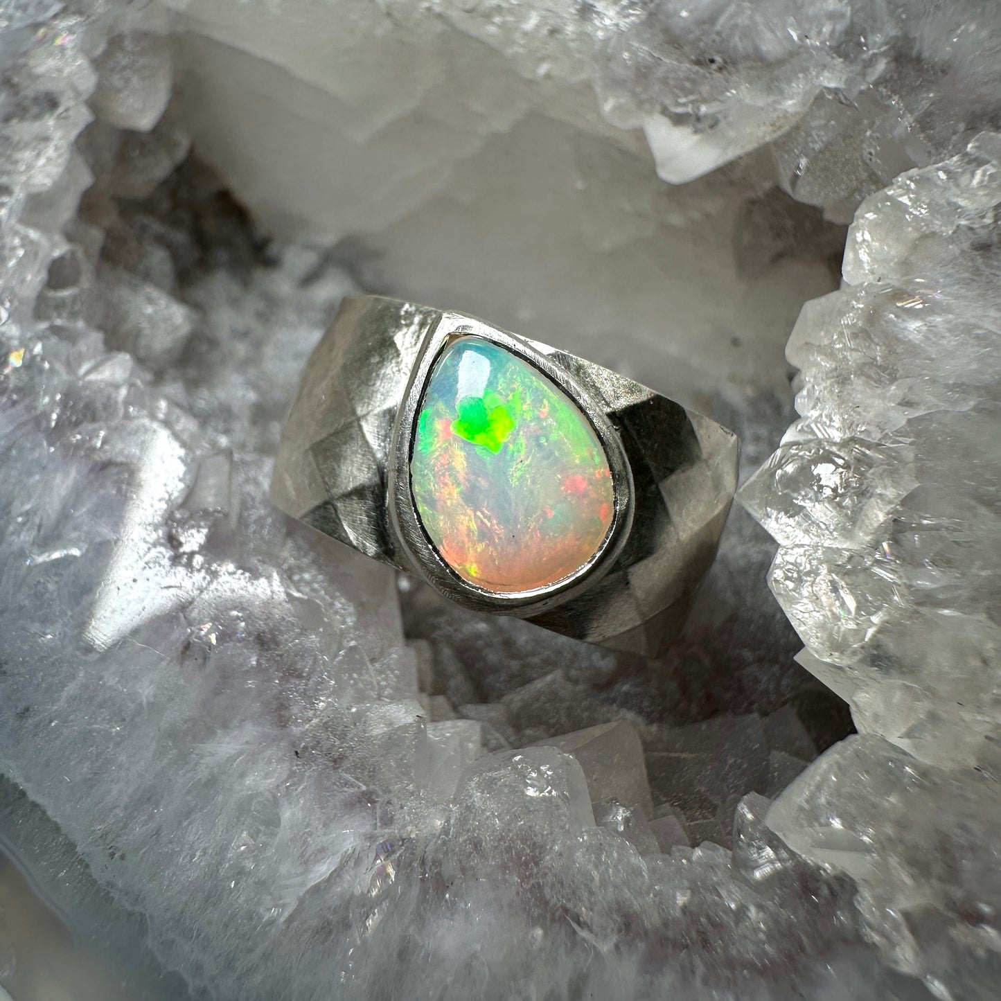 Faceted Cigar Band Ring with Ethiopian Opal