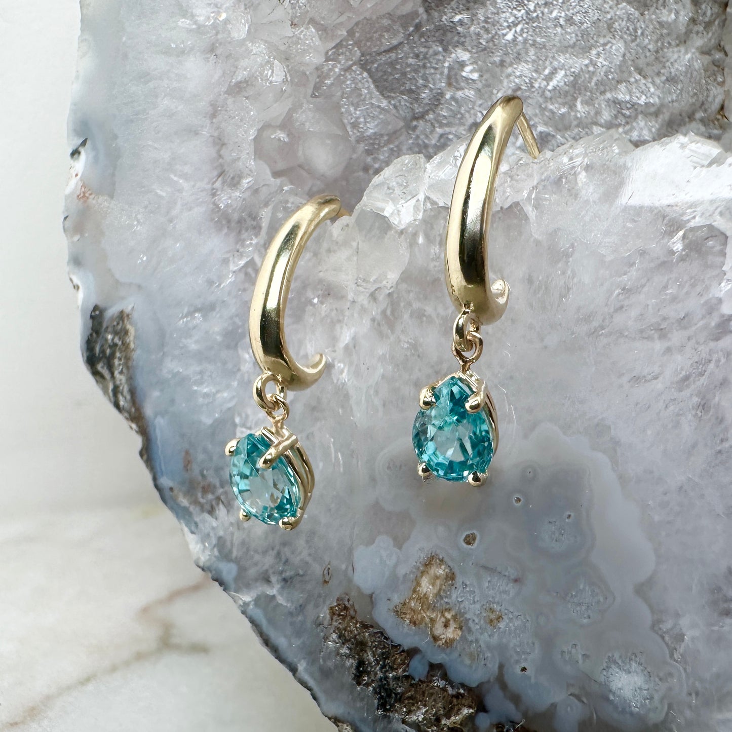 Blue Zircon Raindrop Long Earrings | 14k Yellow Gold