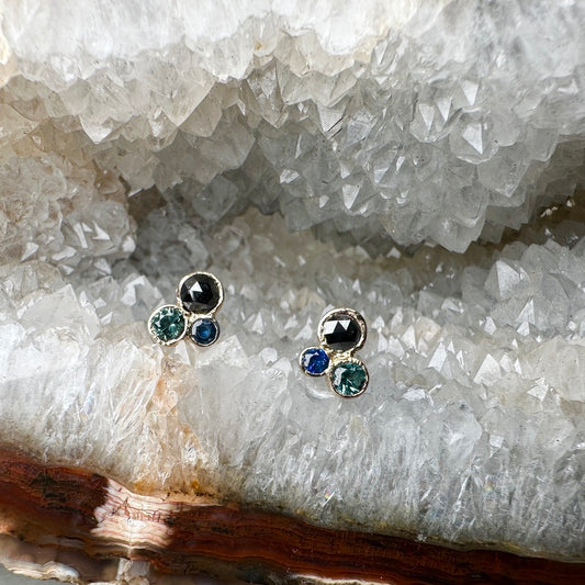 Black Diamond and Sapphire Trio Earrings | 14k Yellow Gold