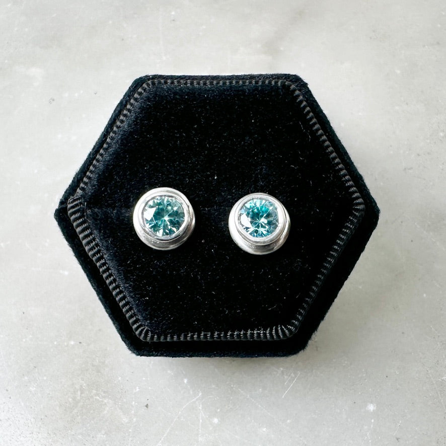 Bezel Set Blue Zircon Stud Earrings | Sterling Silver
