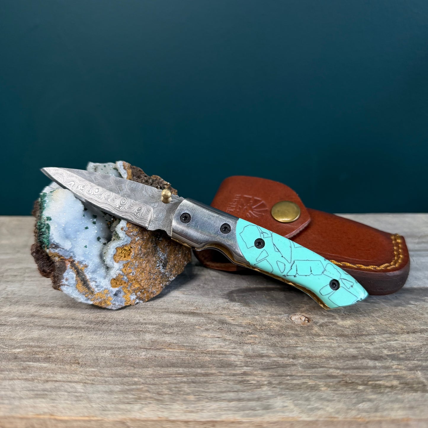 Damascus Steel and Turquoise Resin Utility Knife