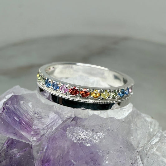Rainbow Sapphire Flat Band Ring | Sterling Silver