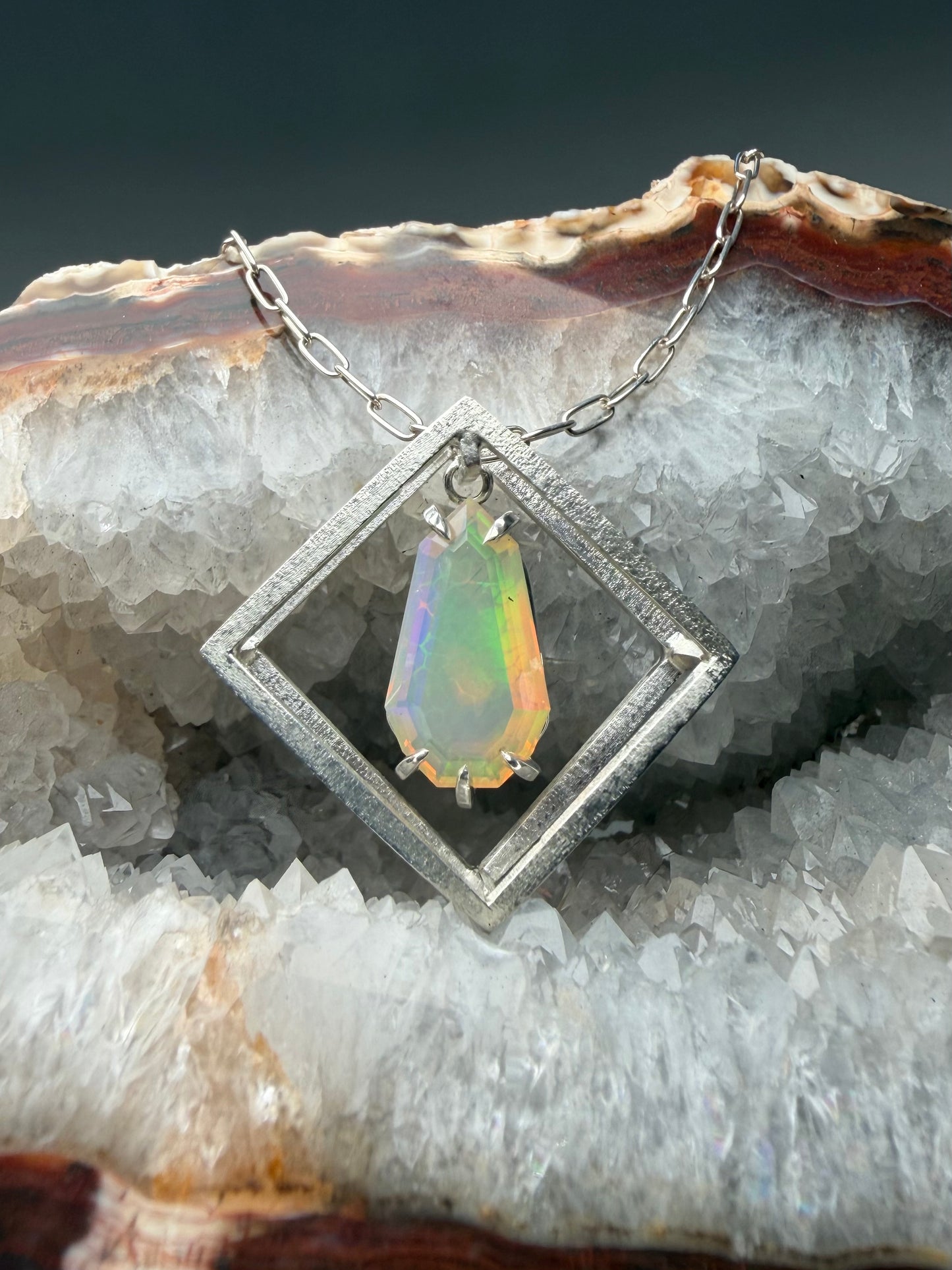 Ethiopian Opal Cube Pendant | Sterling Silver