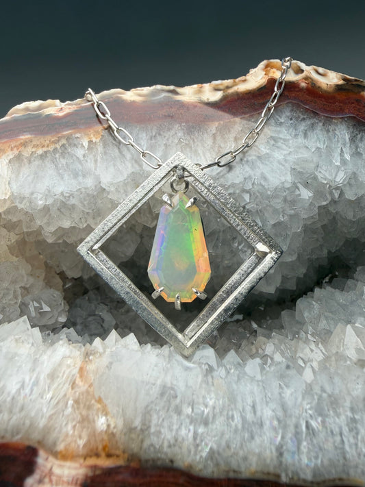 Ethiopian Opal Cube Pendant | Sterling Silver