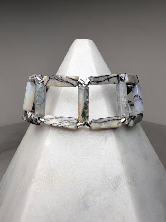 Moss Agate & Zebra Jasper Lattice Bracelet | Sterling Silver