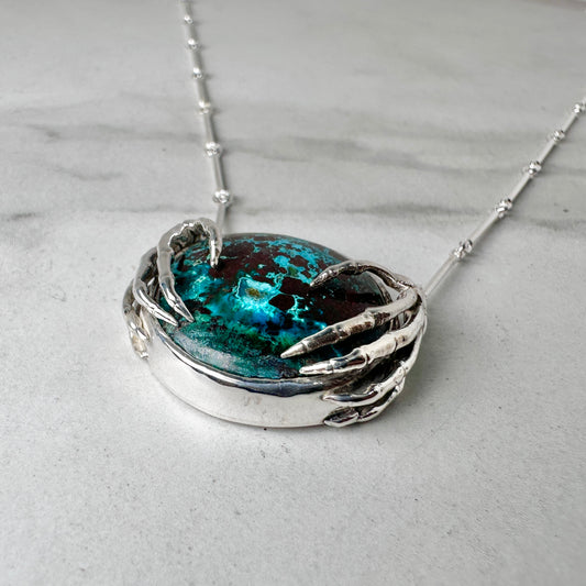 Skeleton Hands Necklace with Chrysocolla