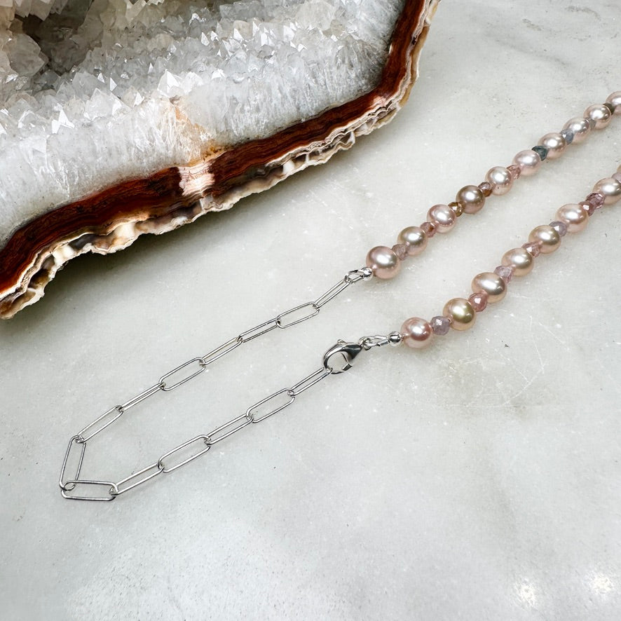 Pink Pearl & Multicolor Spinel Beaded Necklace | Sterling Silver