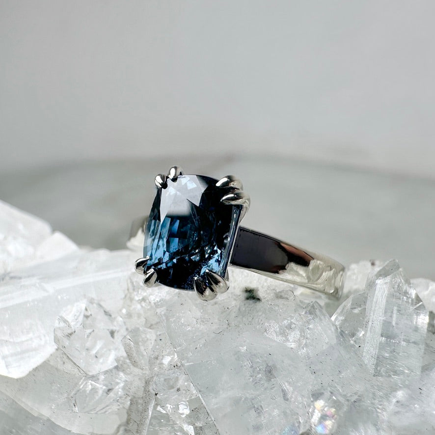 Blue Spinel Wide Band Solitaire Ring | 14k White Gold