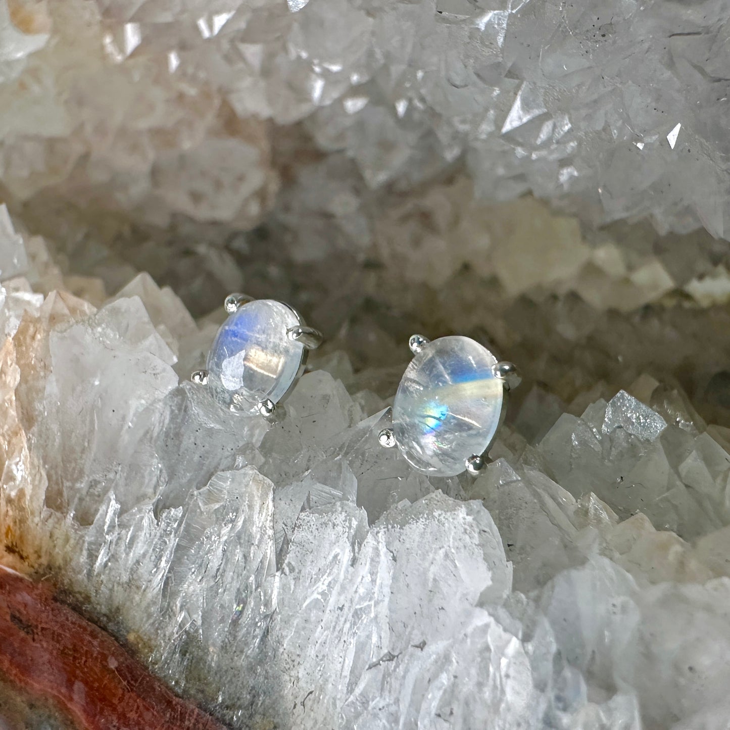 Blue Moonstone Oval Stud Earrings | Sterling Silver
