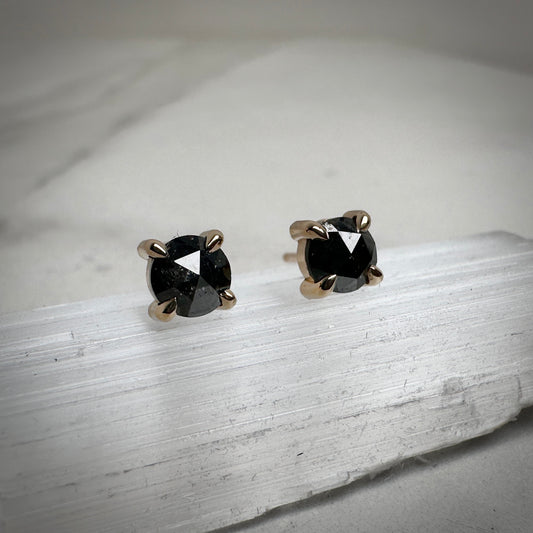 Black Diamond Stud Earrings | 14k Yellow Gold