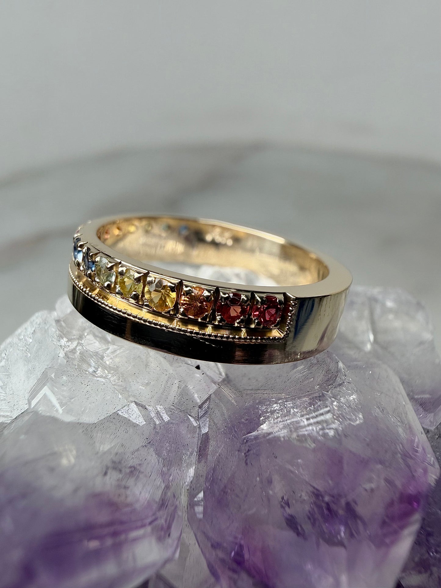 Rainbow Sapphire Flat Band Ring | 14k Yellow Gold