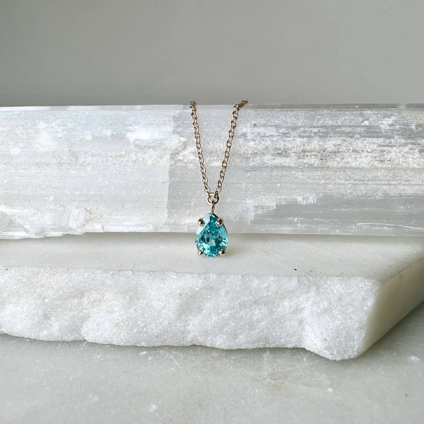 Blue Zircon Raindrop Necklace | 14k Yellow Gold