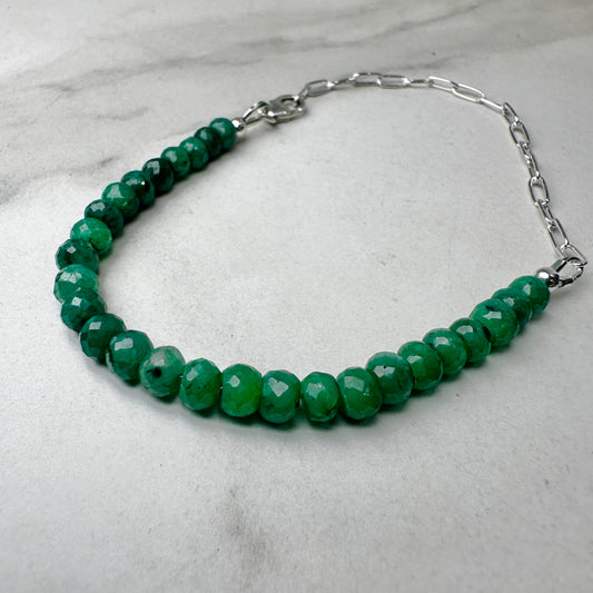 Faceted Emerald Beaded Bracelet | Adjustable | Sterling Silver