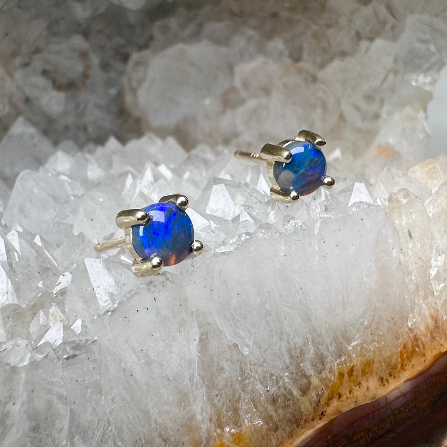 Black Opal Stud Earrings | 14k Yellow Gold