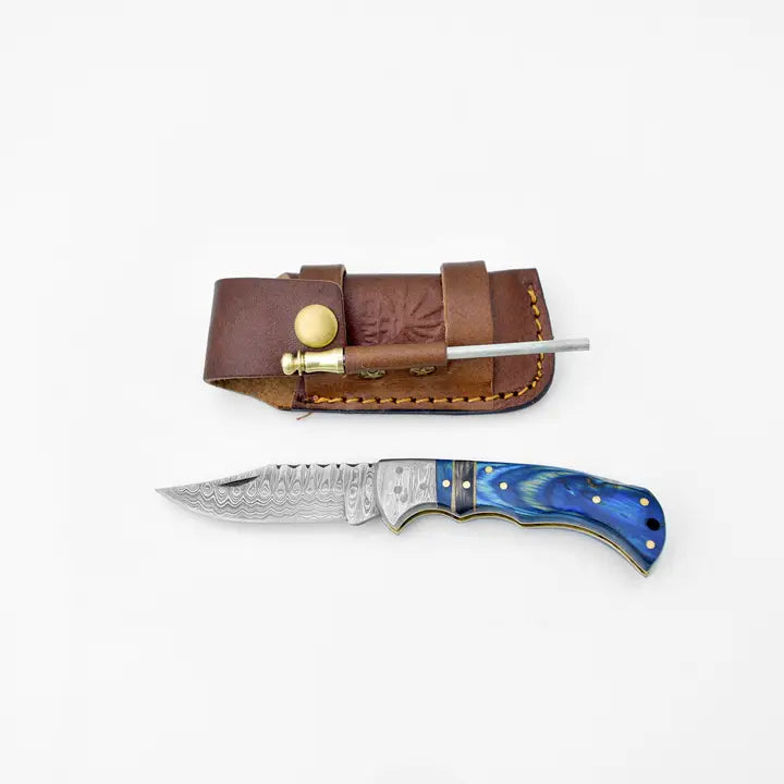 Damascus Steel Pocket Knife with Royal Blue Wood Handle