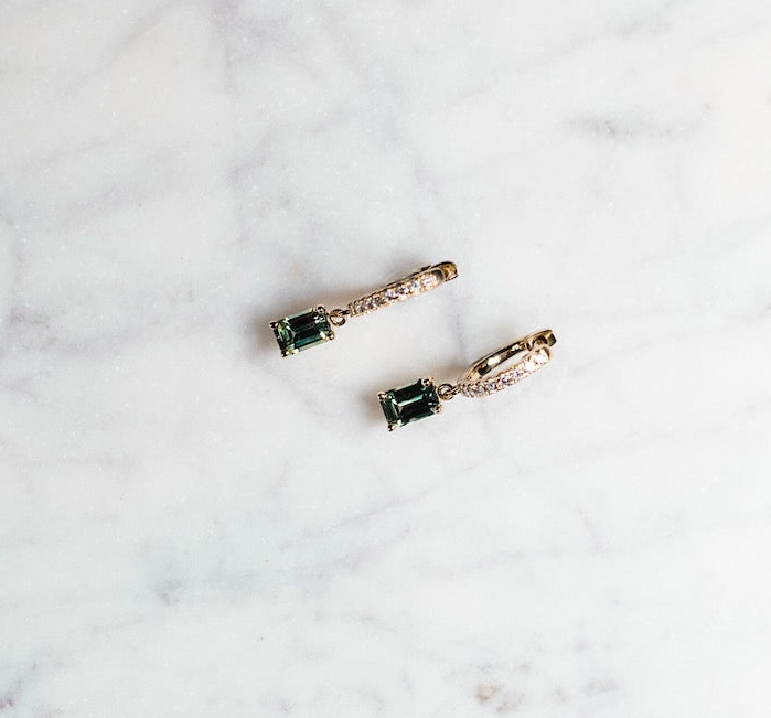 Lab Grown Diamond and Bicolor Sapphire Huggie Earrings | 14k Yellow Gold