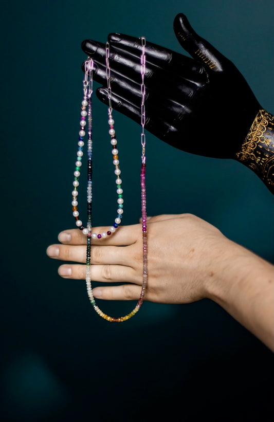 Faceted Rainbow Sapphire Beaded Necklace | Sterling Silver