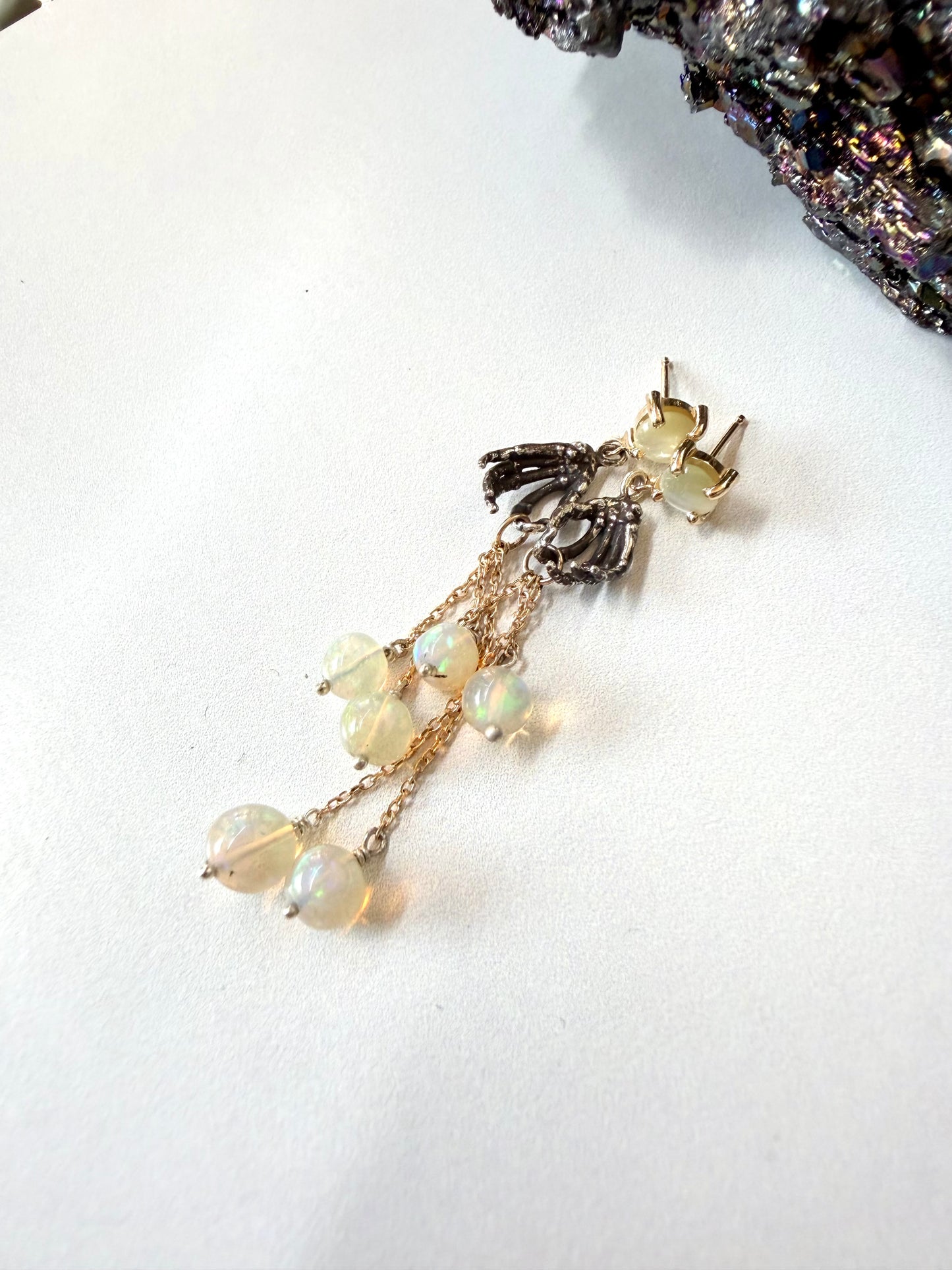 Handiwork Opal & Chrysoberyl Earrings | Two Tone Blackened Silver and 14k Yellow Gold