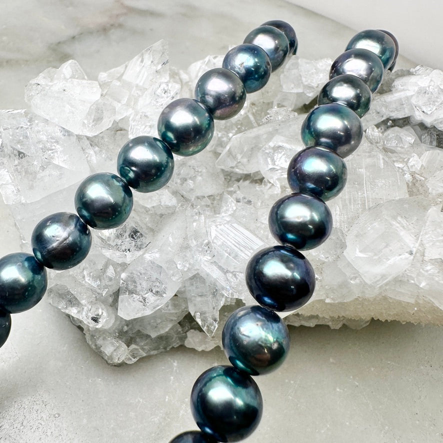Iridescent Blue Peacock Pearl Necklace | Sterling Silver