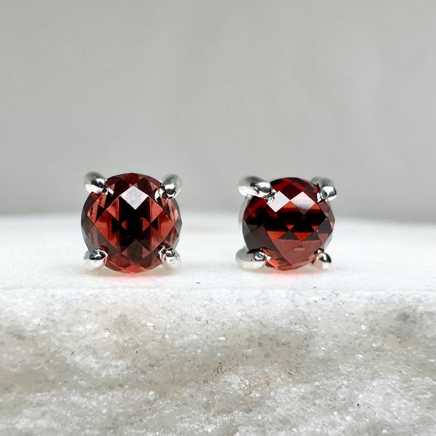 Rose Cut Red Garnet Stud Earrings | Sterling Silver