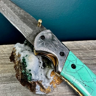 Tanto Style Damascus Steel Blade and Turquoise Resin Handle Utility Knife
