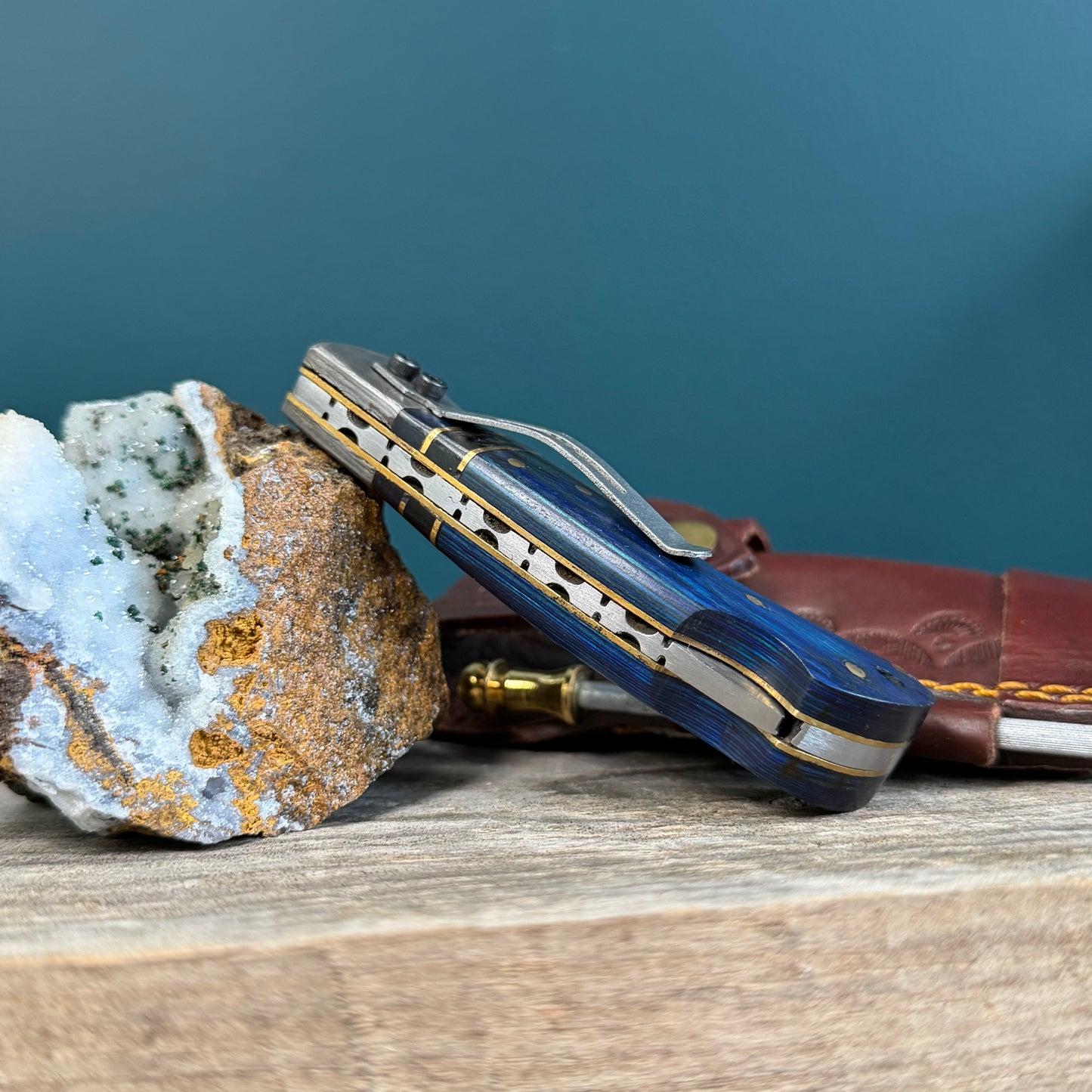 Blue & Black Wood Folding Knife with Leather Sheath