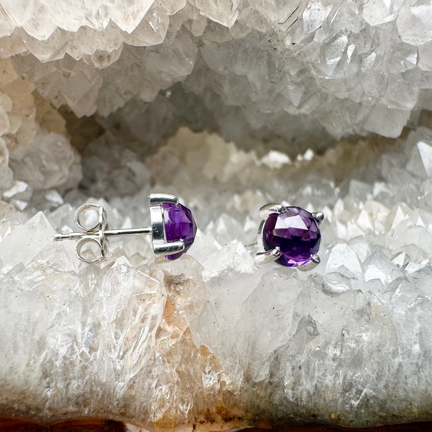 Rose Cut Amethyst Stud Earrings | Sterling Silver