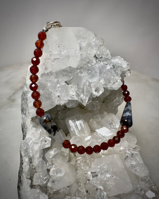 Hessonite Garnet and Plume Agate Beaded Bracelet | Sterling Silver | Adjustable