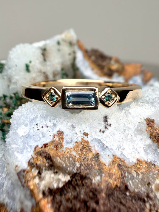 Art Deco Inspired Blue & Teal Sapphire Stacking Ring | 14k Yellow Gold
