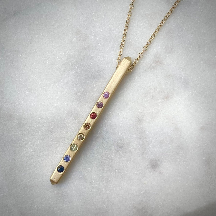 Rainbow Sapphire Bar Pendant in 14k Gold