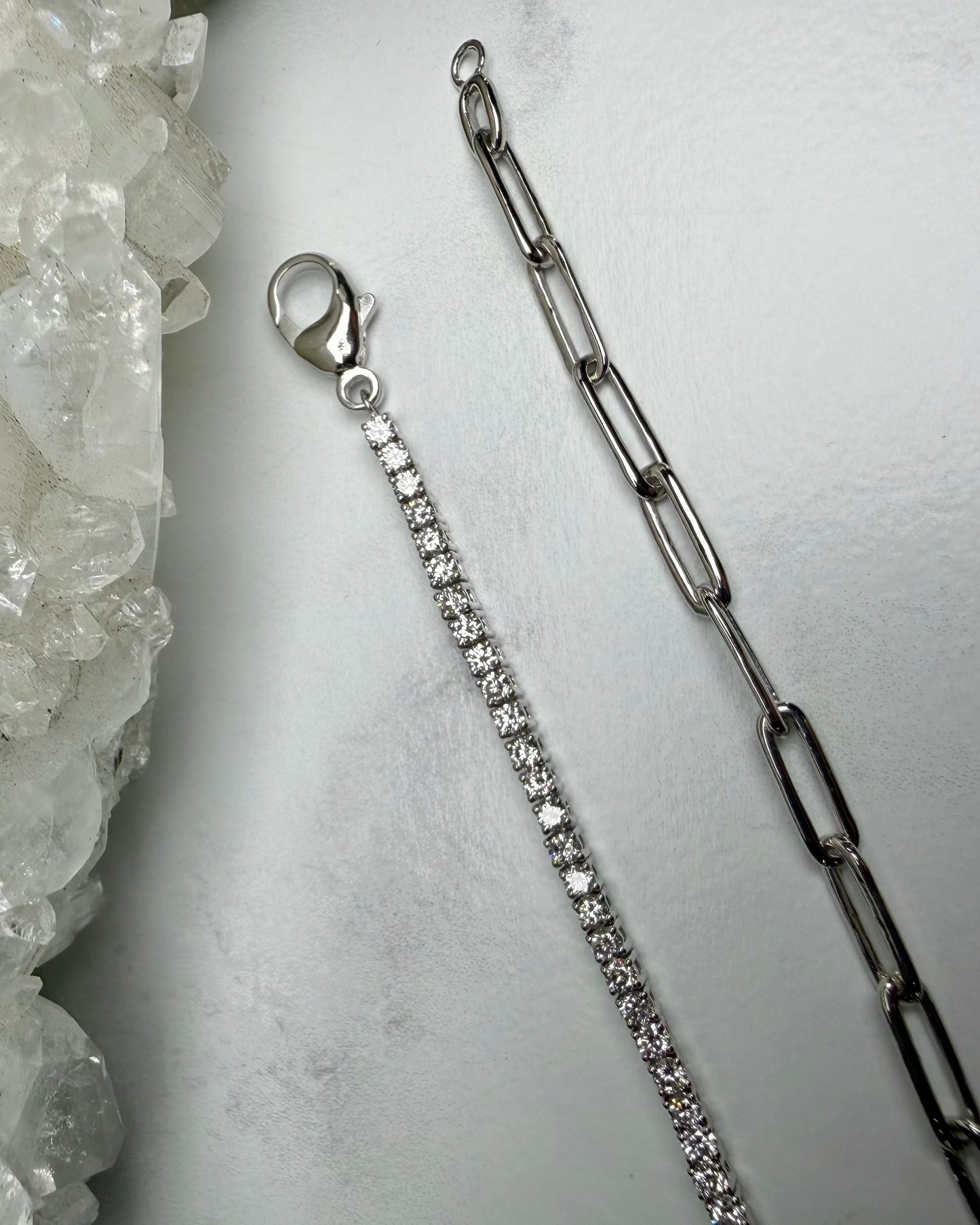 Half Tennis Half Paperclip Chain Bracelet | 14k White Gold