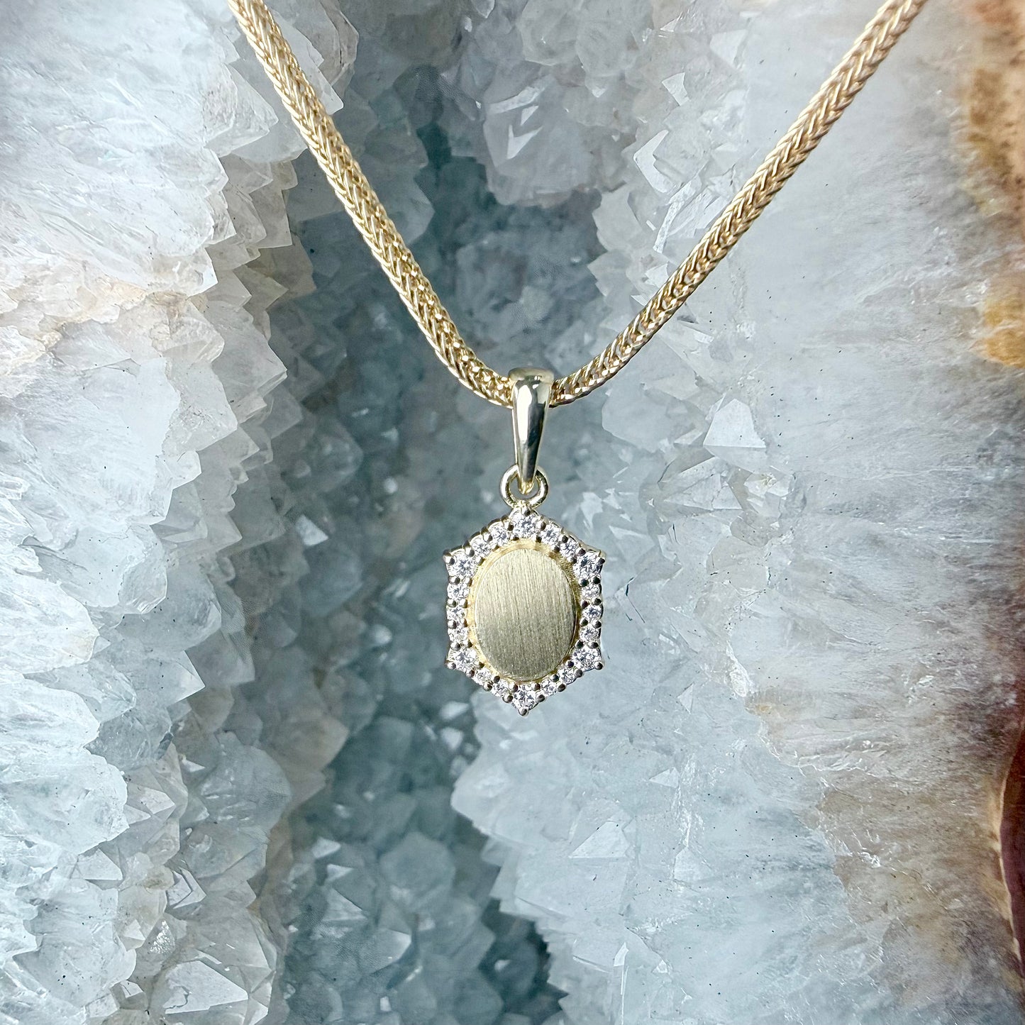 Oval Pendant with Diamond Halo | 14k Yellow Gold