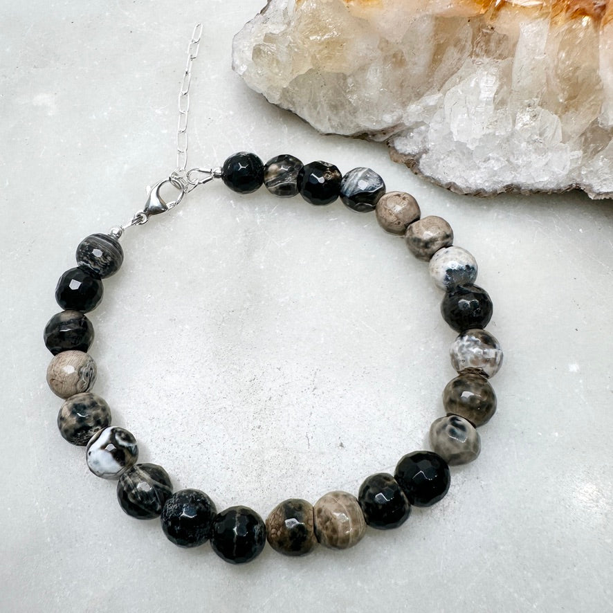Black Banded Agate Beaded Bracelet | Sterling Silver