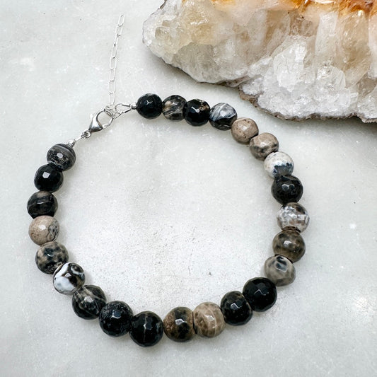 Black Banded Agate Beaded Bracelet | Sterling Silver