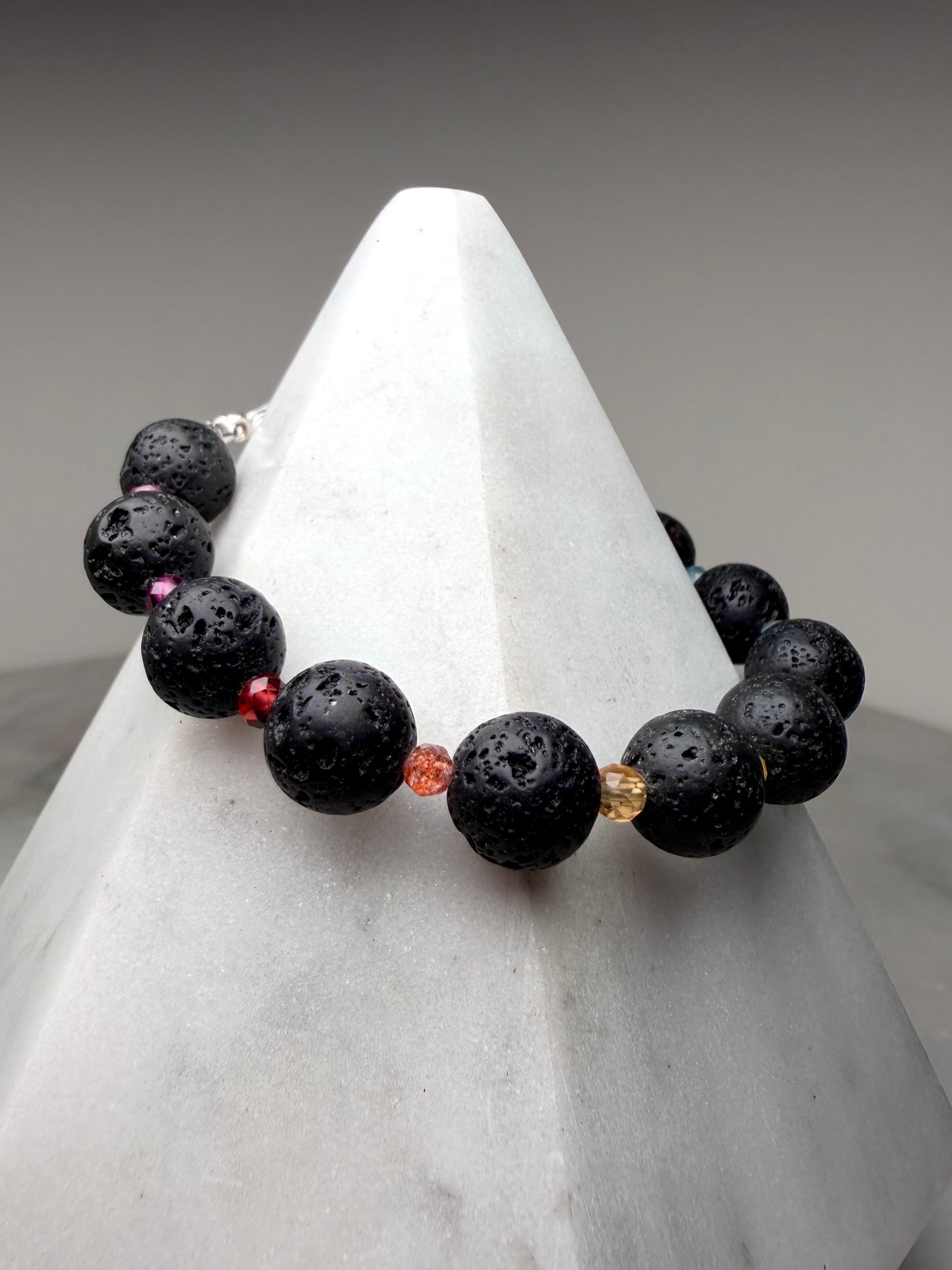 Black Lava Rock & Rainbow Gemstone Bracelet | Sterling Silver