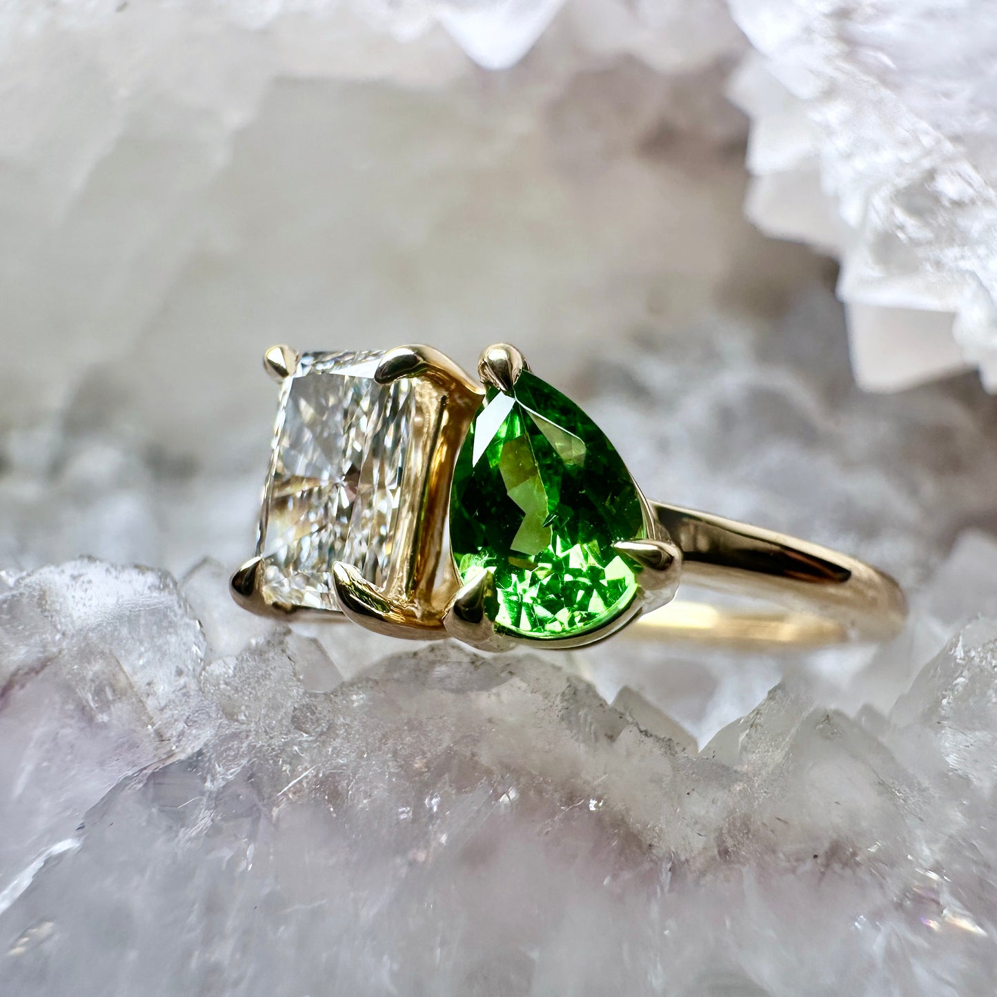 Lab Grown Diamond & Tsavorite Garnet Toi et Moi | 14k Yellow Gold