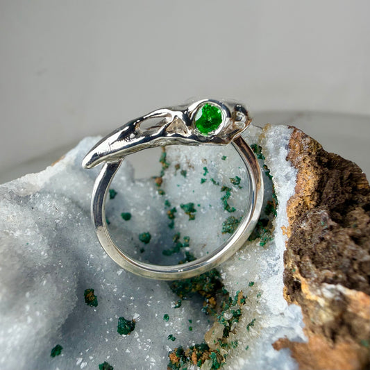 Raven Skull Ring with Tsavorite Garnet Eyes | Sterling Silver