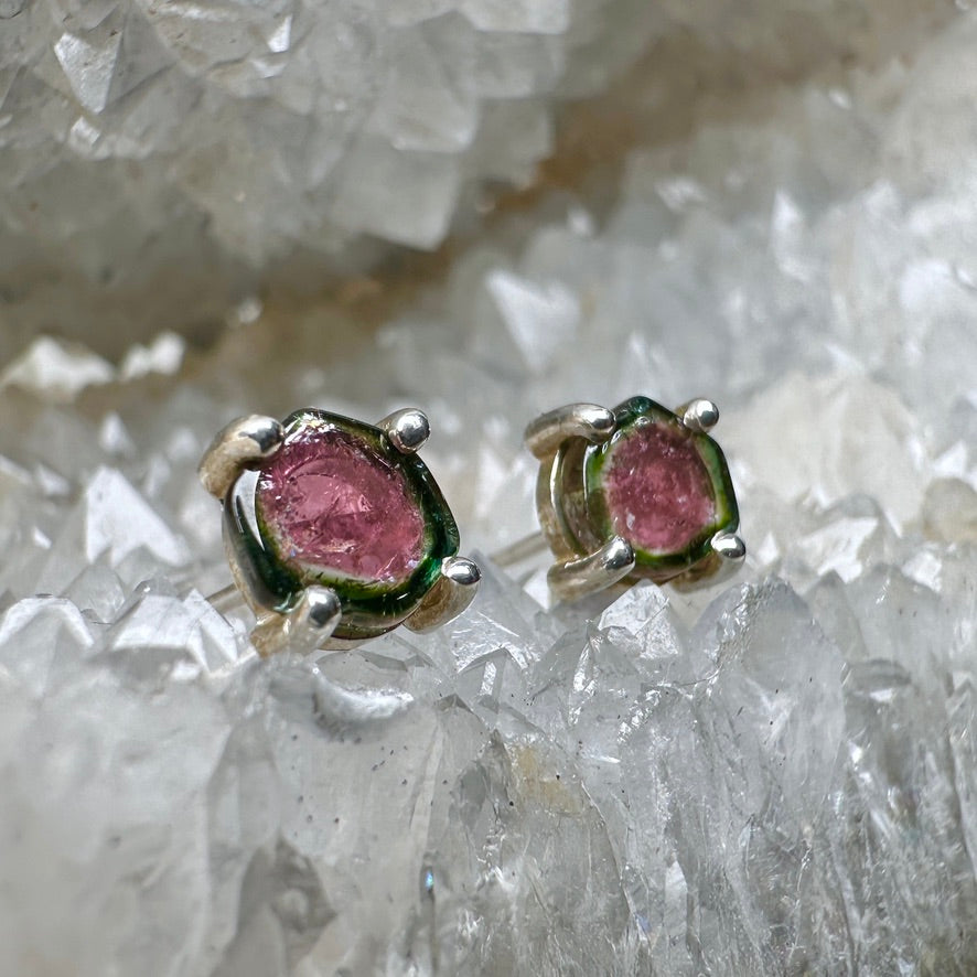 Watermelon Tourmaline Slice Stud Earrings | Sterling Silver