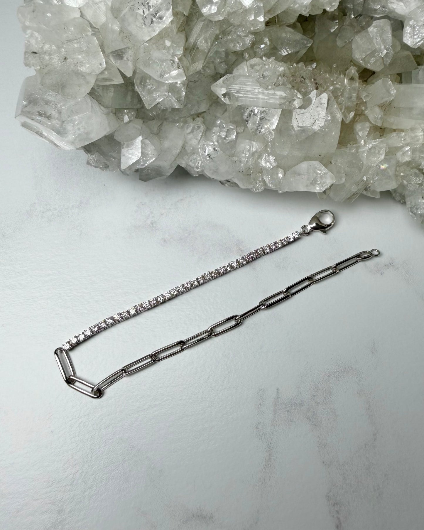Half Tennis Half Paperclip Chain Bracelet | 14k White Gold