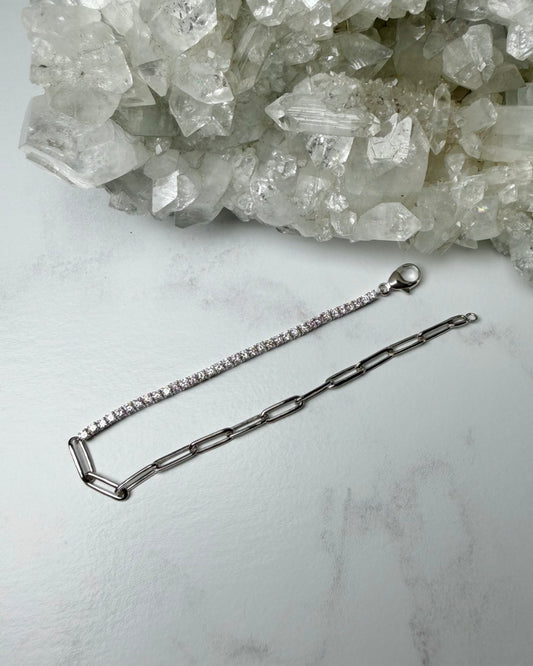 Half Tennis Half Paperclip Chain Bracelet | 14k White Gold