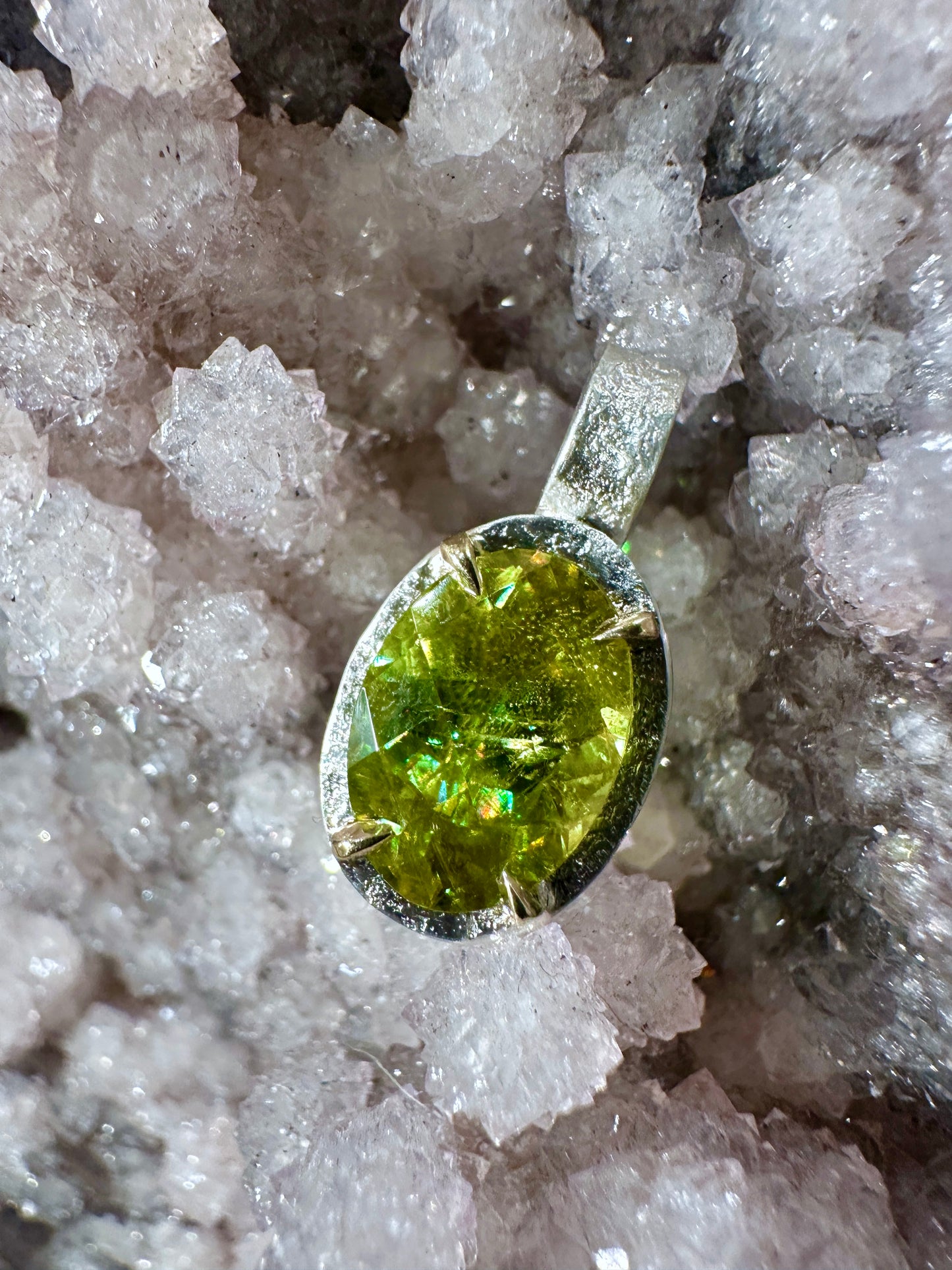 Chartreuse Sphene Granite Pendant | 14k Yellow Gold & Sterling Silver Mixed Metals