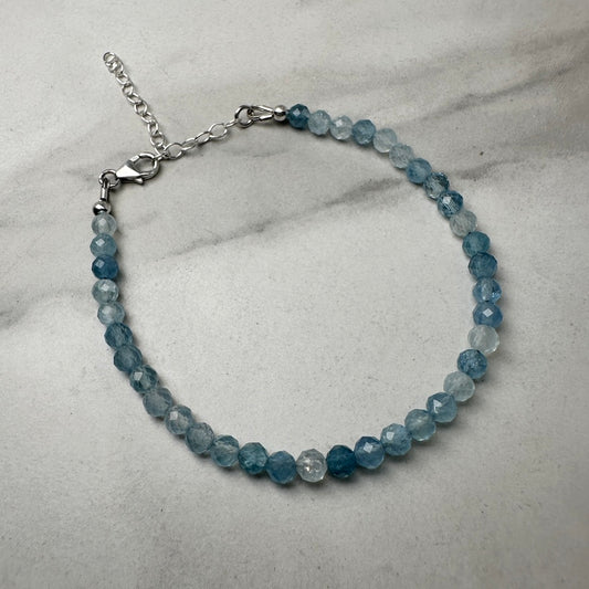 Faceted Aquamarine Beaded Bracelet | Adjustable | Sterling Silver