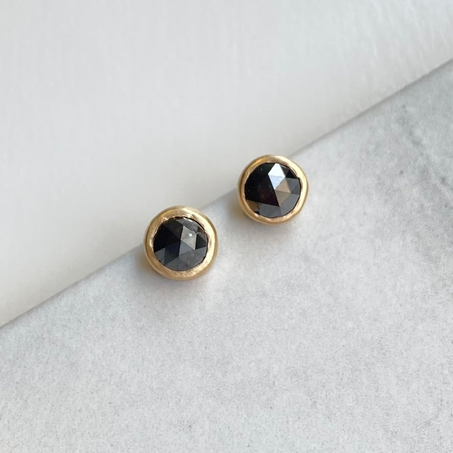 Black Diamond Stud Earrings in 14k Yellow Gold