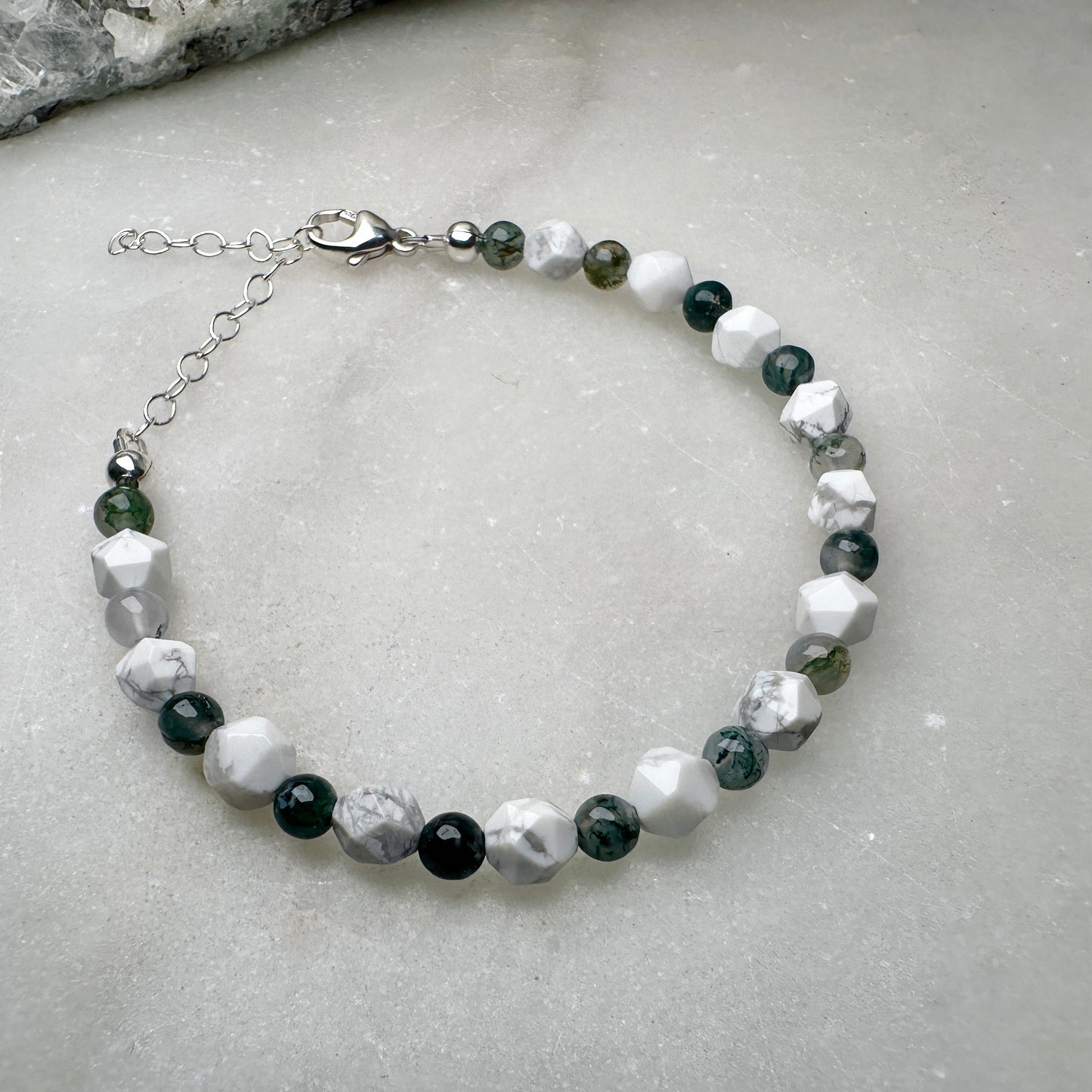 Howlite & Moss Agate Beaded Bracelet | Sterling Silver