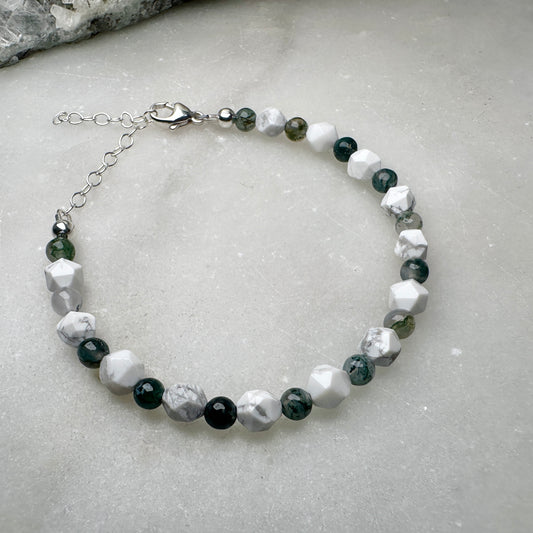 Howlite & Moss Agate Beaded Bracelet | Sterling Silver