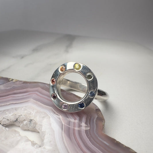 Rainbow Sapphire Circle Ring